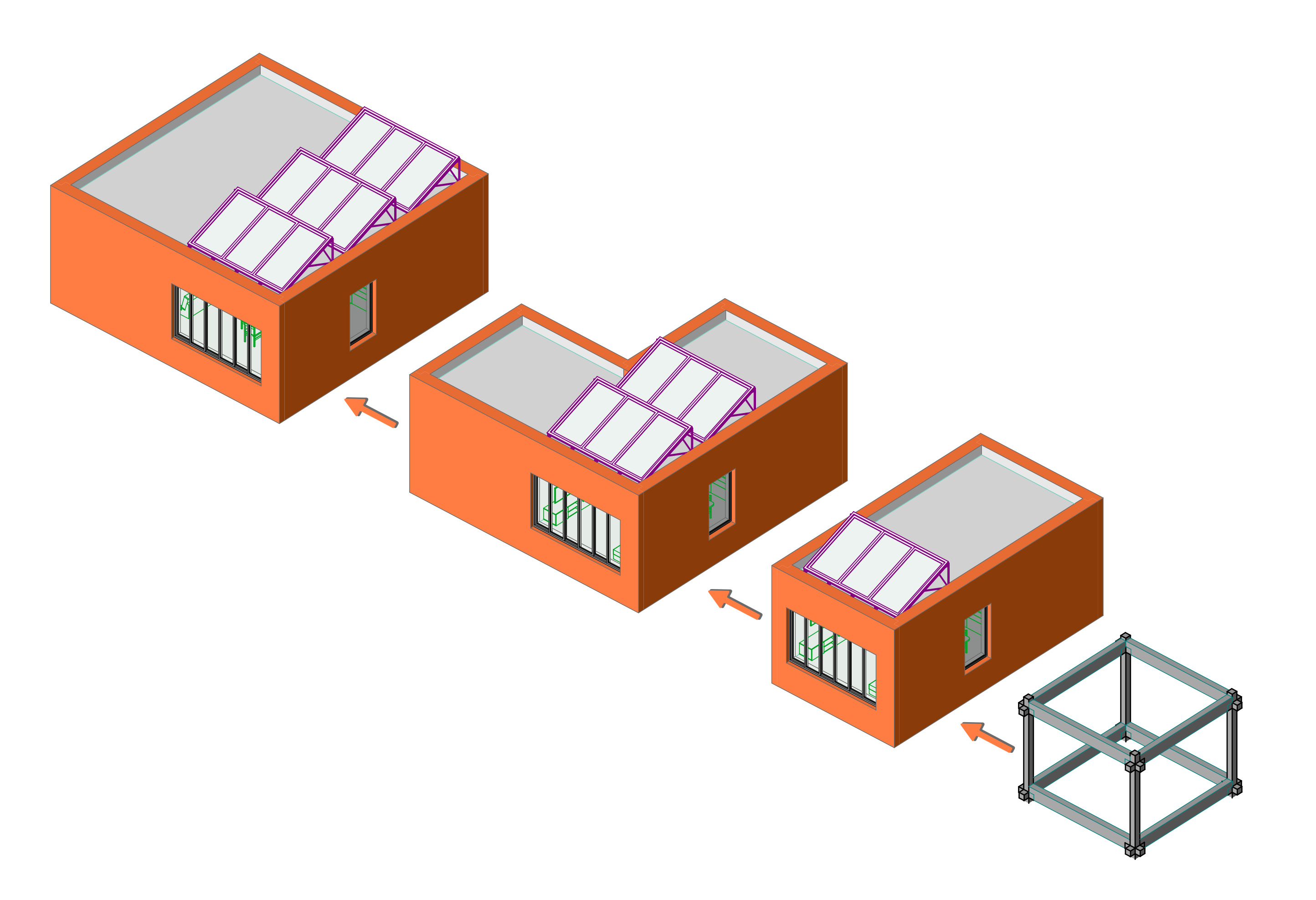 SMP Growth Sequence — modular expansion from structural frame to 64 m²